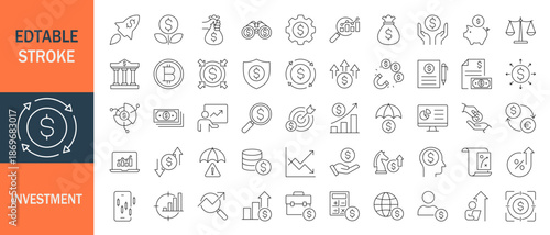  Investment icon set. Editable line icons. Vector illustration.