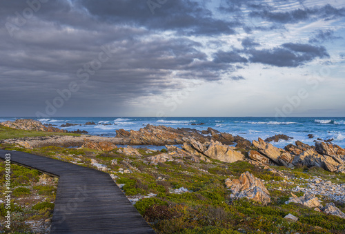 Meeting point of Atlantic and Indian Ocean in Cape Agulhas, South Africa. Garden Route
