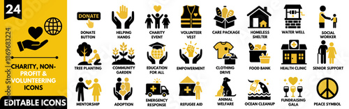 Set of 24 Charity and Non-Profit Volunteering Icons. Vector Illustrations for Donation, Community Support, Fundraising, and Social Care.