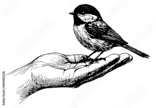 Hand drawn illustration of a bird on a hand depicting human connection with nature for environmental concepts