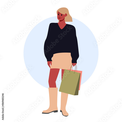 Stylishly Dressed Woman Standing Holding Shopping Bags. Girl Carrying Purchases from Sale. Flat Vector Illustration.