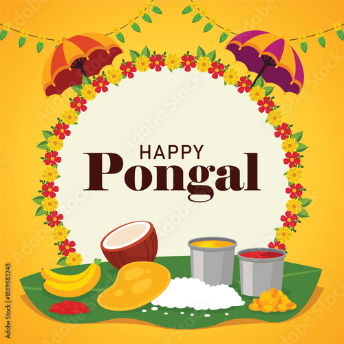 Happy Pongal greeting with floral garland arch framing bold text, flanked by colorful umbrellas, traditional banana leaf platter with rice, fruits, coconut and sweets on vibrant yellow background.