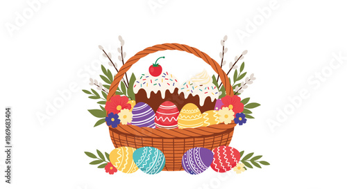 Festive easter basket filled with colorful decorated eggs and traditional cakes with white icing sprinkles and willow branches.