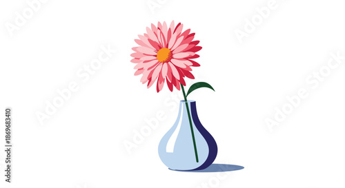 Single beautiful pink flower in a simple transparent blue glass vase casting a soft shadow on a plain white background.