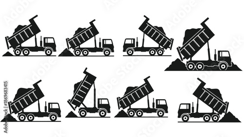 Illustrative sequence of dump trucks unloading materials in varying positions