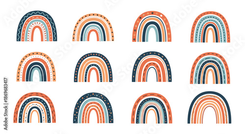 Large collection of twelve stylized rainbows with diverse patterns colors and textures in a modern boho illustrative style.