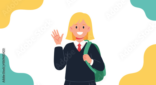 Close up portrait of a smiling schoolgirl with blonde hair and a green backpack waving her hand on an abstract background.