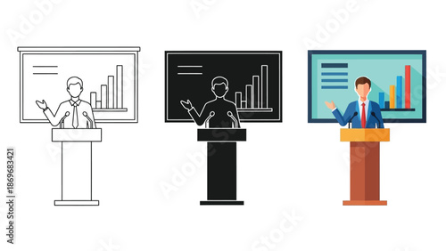 Business presentation with speaker at podium showing charts and graphs screen in three different styles outline, silhouette, and color vector illustration