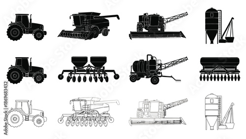 Agricultural machinery silhouettes tractors combines grain storage and farming equipment