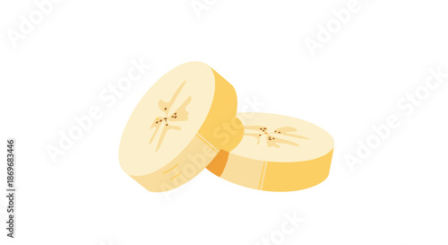 Two slices of a ripe banana showing the creamy internal texture and small seeds in a simple flat vector food illustration.