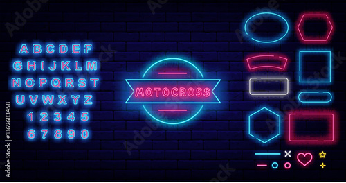Car tournament neon label. Ribbon border. Car racing. Drift show and rally. Glowing blue alphabet. Geometric frames set. Flyer on brick wall. Editable stroke. Vector stock illustration