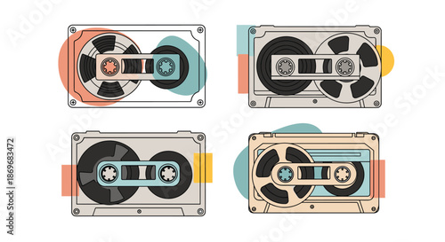 Set of retro cassette tapes in various colors and designs representing nostalgic eighties music culture and vintage audio technology.