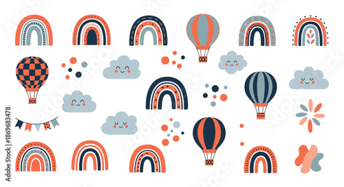 Collection of boho style rainbows, smiling clouds, and colorful hot air balloons in a soft palette for nursery room decor.