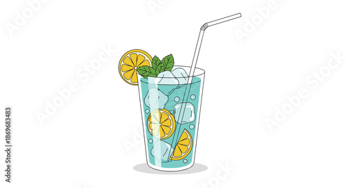 Refreshing tall glass of blue summer cocktail with ice cubes lemon slices mint leaves and a striped straw on a white background.