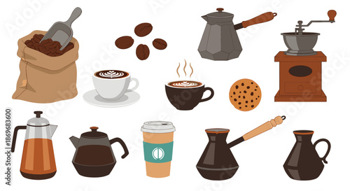 Comprehensive set of coffee brewing equipment including a grinder, moka pot, beans, and various cups of latte and espresso.