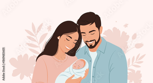 Heartwarming portrait of happy parents holding their newborn baby wrapped in a white blanket with floral background.