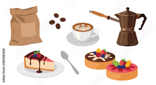Delicious spread of coffee, cheesecake slice, and fruit tarts accompanied by a moka pot and a bag of coffee beans.