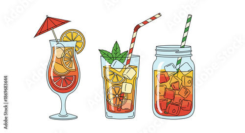 Three refreshing summer cocktails with ice cubes, citrus slices, straws, and a small umbrella in various glass styles.