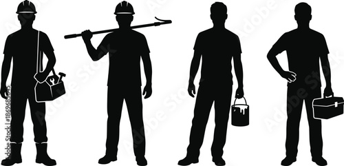 Construction worker silhouettes carrying tools and equipment, skilled labor professions, industrial workforce roles, black vector illustration isolated on white background