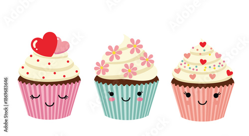 Three cute cupcakes with smiling faces decorated with pink flowers, red hearts, and colorful sprinkles for a party theme.
