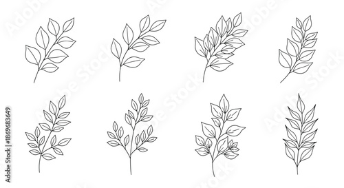 Set of eight simple leafy branch illustrations in black and white line art for minimalist botanical design and stationery.