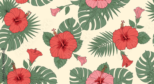 Seamless tropical pattern featuring red hibiscus flowers, pink buds, and green monstera leaves on a light cream background.