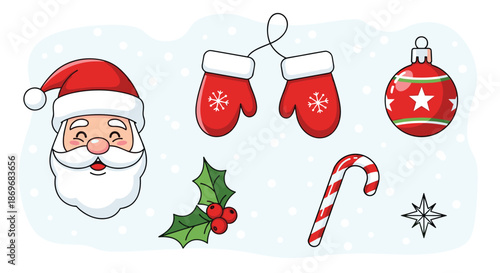 Collection of festive Christmas holiday symbols featuring Santa Claus, red mittens, a bauble, holly berries, and a candy cane.
