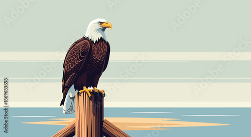 Proud bald eagle with a white head and brown body perched on a wooden post overlooking a calm blue water background.