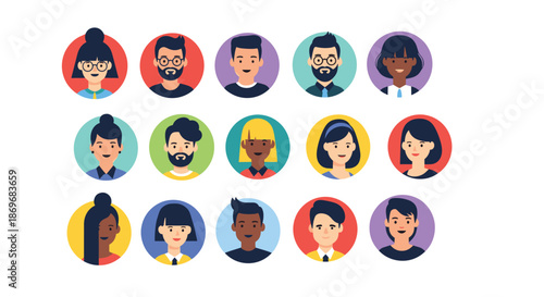Wide variety of round human avatars representing diverse men and women with different appearances in colorful circles.