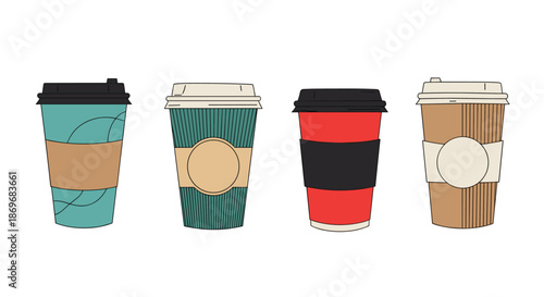 Four different types of takeaway coffee paper cups in various colors and textures with cardboard sleeves and plastic lids.