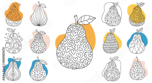 Artistic set of pear illustrations decorated with intricate heart patterns, lines, and colorful abstract shapes on a white background.