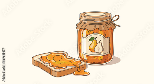 Homemade pear jam in a glass jar with a label pictured next to a slice of toast covered in delicious fruit preserve.