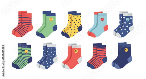 Selection of colorful children socks with various patterns including stripes, polka dots, stars, and happy face icons.