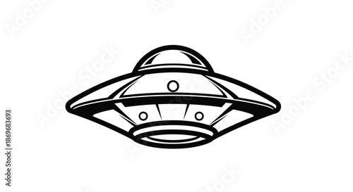 Classic unidentified flying object or flying saucer spaceship illustrated in a bold black and white graphic style.
