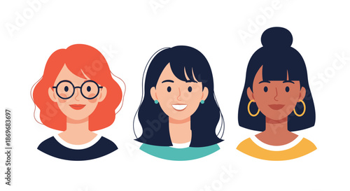 Portraits of three stylish young women with different hair colors and skin tones in a modern flat vector illustration.
