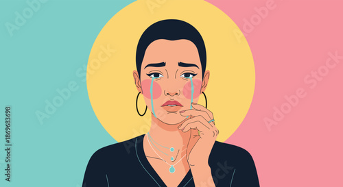 Artistic and emotional portrait of a short-haired woman with tears streaming down her face against a colorful background.
