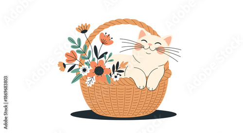 Adorable cream colored cat sitting happily in a woven basket filled with colorful blooming flowers and leaves.