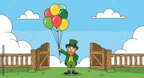 Joyful leprechaun character stands in a green field holding a bunch of colorful balloons in front of a wooden garden fence and gate.