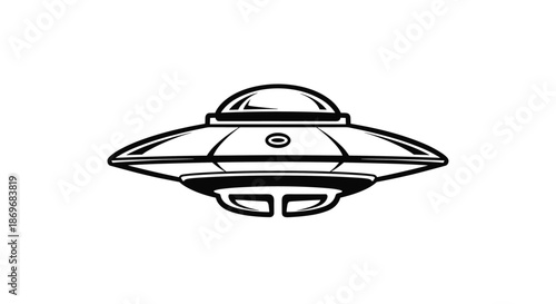 Classic flying saucer ufo illustration showcases a detailed black and white science fiction spacecraft design against a plain background.