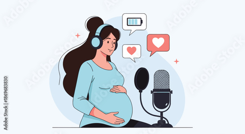 Pregnant woman wearing headphones speaks into a professional microphone while recording a podcast or singing in a studio environment.