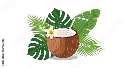 Tropical coconut drink garnished with a flower and straw is displayed beautifully against a lush background of green palm and monstera leaves.