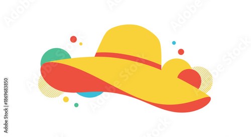 Stylish yellow sun hat with a red band is presented with vibrant colorful abstract circular patterns in the background for a summer theme.