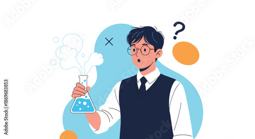 Surprised young student wearing glasses and a school uniform watches as a chemical reaction creates white smoke from a glass flask.