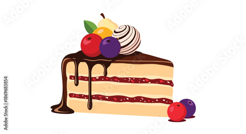 Delicious slice of layered cake is topped with melting chocolate ganache, fresh berries, and a chocolate truffle on a white background.