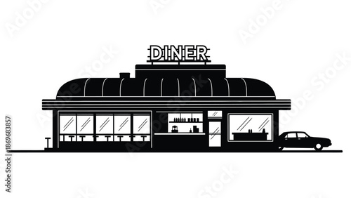 Classic american diner building illustration in black and white style