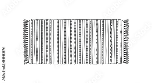 Simple black and white line drawing of a rectangular rug features a vertical striped pattern and decorative fringe on the ends.