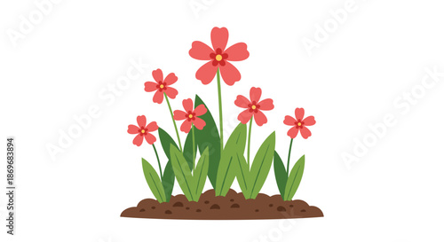 Group of bright pink flowers growing from a small patch of brown soil with green leaves in a simple nature themed illustration.