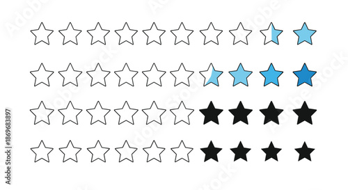 Set of star rating icons in various styles including empty outlines blue gradients and solid black designs for user feedback.