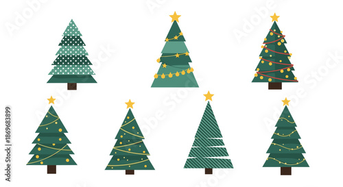 Diverse set of seven stylized christmas trees with various decorations like stars lights and patterns in a modern festive illustration.