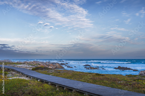Meeting point of Atlantic and Indian Ocean in Cape Agulhas, South Africa. Garden Route